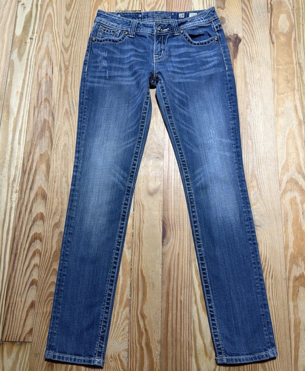 Miss Me Womens Blue Embellished Pockets Medium Wash Denim Skinny Jeans Size 28